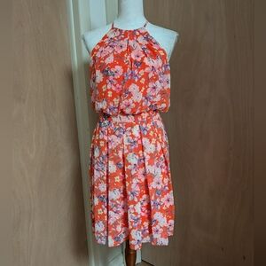Eliza J Floral Halter Fit & Flare Dress Size 8 Coral Pink Pleated Wedding Guest